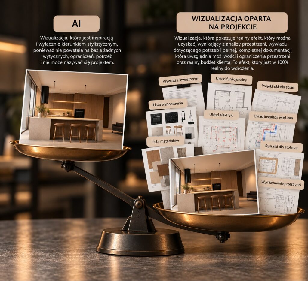 Projektowanie wnętrz z AI- wizualizacja wynikająca z projektu i wizualizacja stworzona przez AI